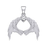 Guardian Angel Wings Pendant with Heart White Cubic Zirconia Birthstone for April