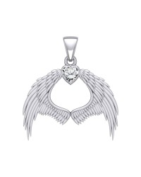 Guardian Angel Wings Pendant with Heart White Cubic Zirconia Birthstone for April