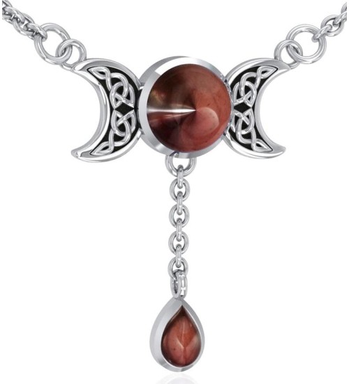 Celtic Triple Moon Necklace with Garnet for Manifestation