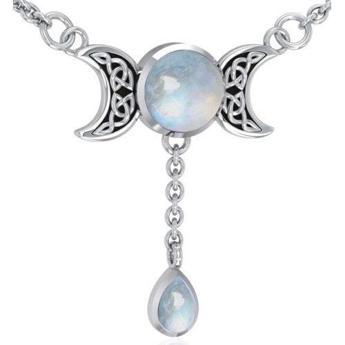 Celtic Triple Moon Rainbow Moonstone Necklace For Lunar Energy Goddess - Moonstone Triple Moon Pendant Celtic Triple Moon Rainbow Moonstone Necklace For Lunar Energy Goddess - Moonstone Triple Moon Pendant