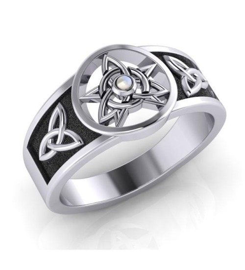 Celtic Trinity Pentacle Rainbow Moonstone Ring