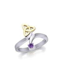 Celtic Trinity Knot with Amethyst Gem Silver and Gold Ring 