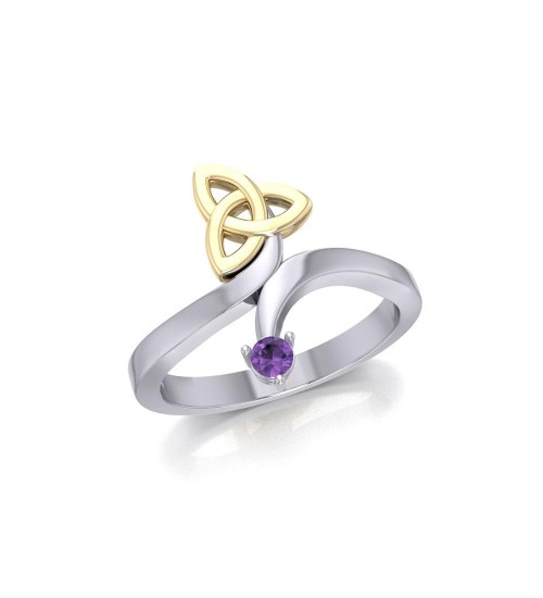 Celtic Trinity Knot with Amethyst Gem Silver and Gold Ring 