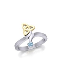 Celtic Trinity Knot with Aquamarine Gem Silver and Gold Ring 