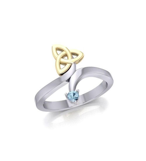 Celtic Trinity Knot with Aquamarine Gem Silver and Gold Ring 
