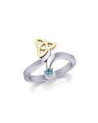 Celtic Trinity Knot with Blue Topaz Gem Silver and Gold Ring 