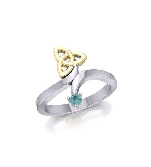 Celtic Trinity Knot with Blue Topaz Gem Silver and Gold Ring 