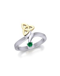 Celtic Trinity Knot with Emerald Gem Silver and Gold Ring 