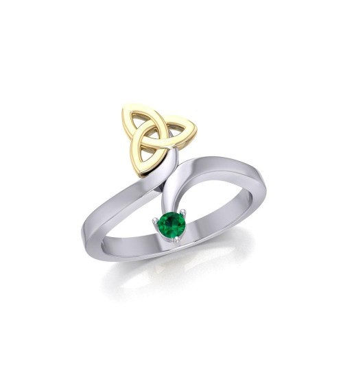 Celtic Trinity Knot with Emerald Gem Silver and Gold Ring 