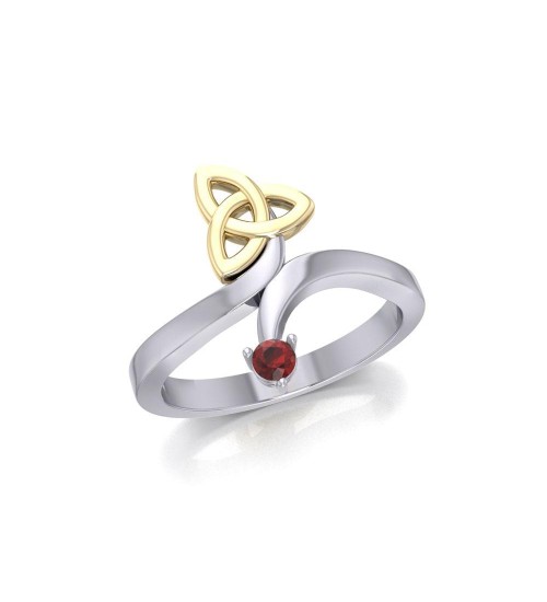 Celtic Trinity Knot with Garnet Gem Silver and Gold Ring 