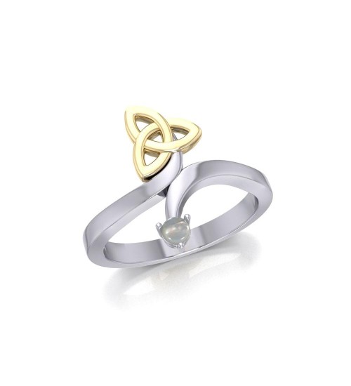 Celtic Trinity Knot with Mother of Pearl Gem Silver and Gold Ring 