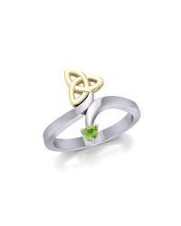 Celtic Trinity Knot with Peridot Gem Silver and Gold Ring 
