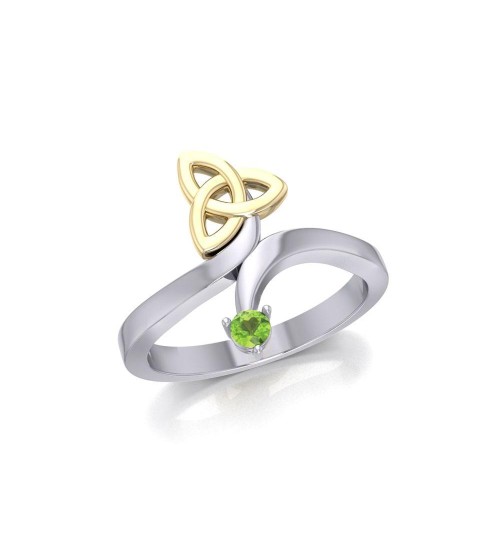 Celtic Trinity Knot with Peridot Gem Silver and Gold Ring 