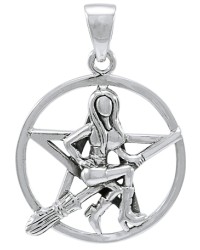 Witch Riding Broom Pentacle Sterling Silver Pendant