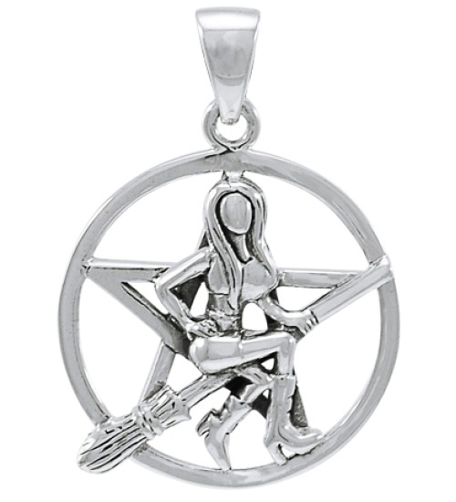 Witch Riding Broom Pentacle Sterling Silver Pendant