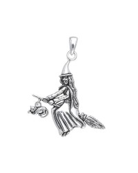 Witch with Cat on Broomstick Pendant