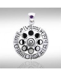 Zodiac Symbol Moon Phase Wheel Pendant with Amethyst