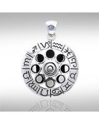 Zodiac Symbol Moon Phase Wheel Pendant with Rainbow Moonstone