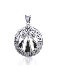 Zodiac Wheel with Awen and White Cubic Zirconia Pendant 