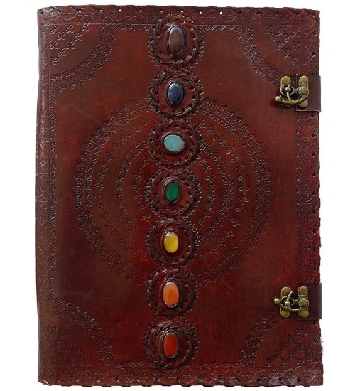 7 Chakra Stones Leather Blank Journal - 13 Inches